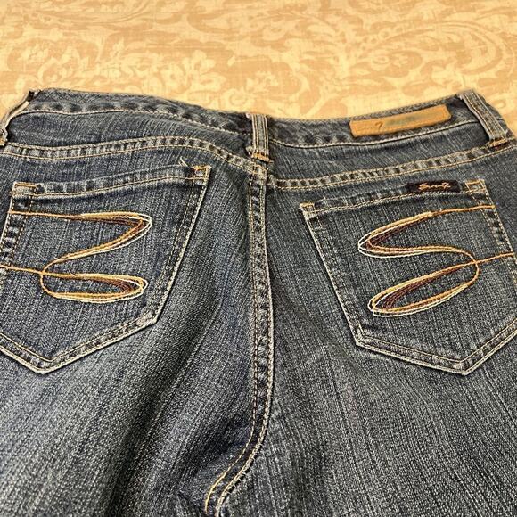 Seven7 jeans medium wash straight leg blue denim logo stitching on pockets Sz 8 - Picture 8 of 16